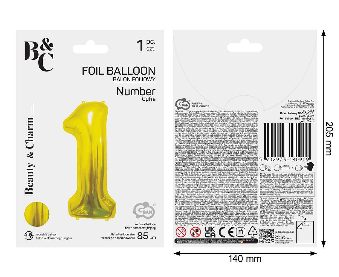Foil Balloon B&C Number 1, Gold, 85 cm
